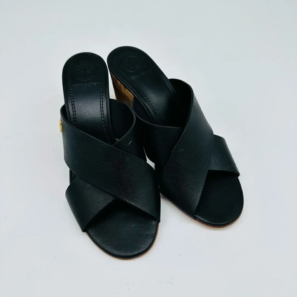 Tory Burch Crossover Sandal Wedge Slide Calf Leather Cork Heel Comfy Black